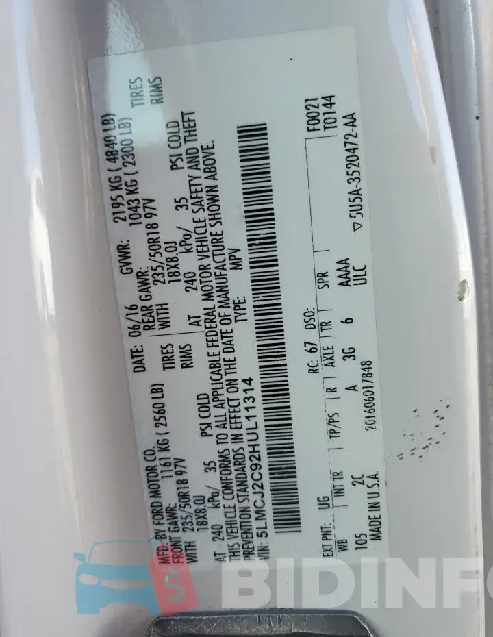 5LMCJ2C92HUL11314 Photo# 13
