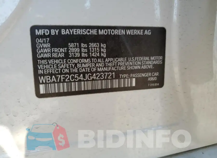 WBA7F2C54JG423721 Photo# 13