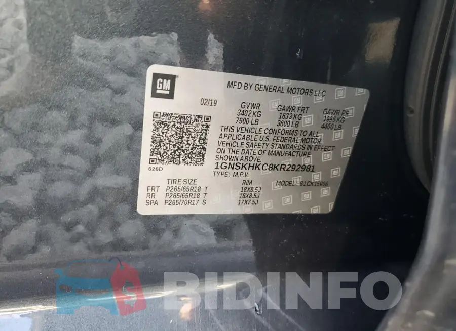 1GNSKHKC8KR292981 Photo# 13