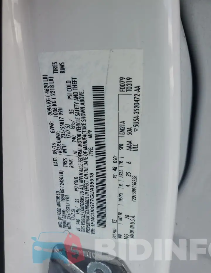 1FMCU0G77GUA95918 Photo# 13
