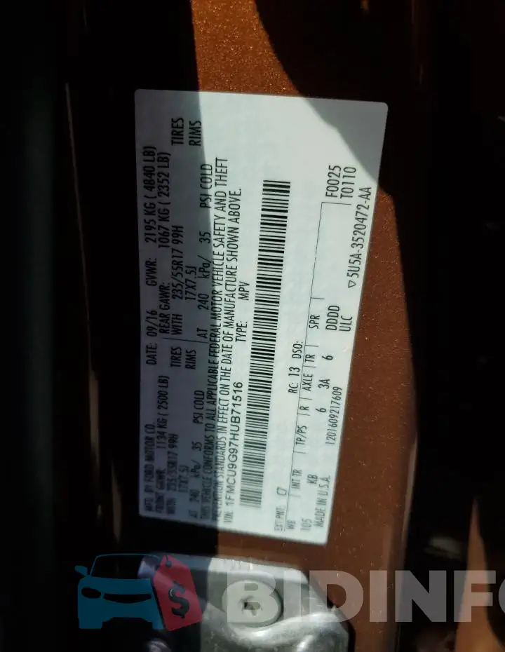 1FMCU9G97HUB71516 Photo# 12