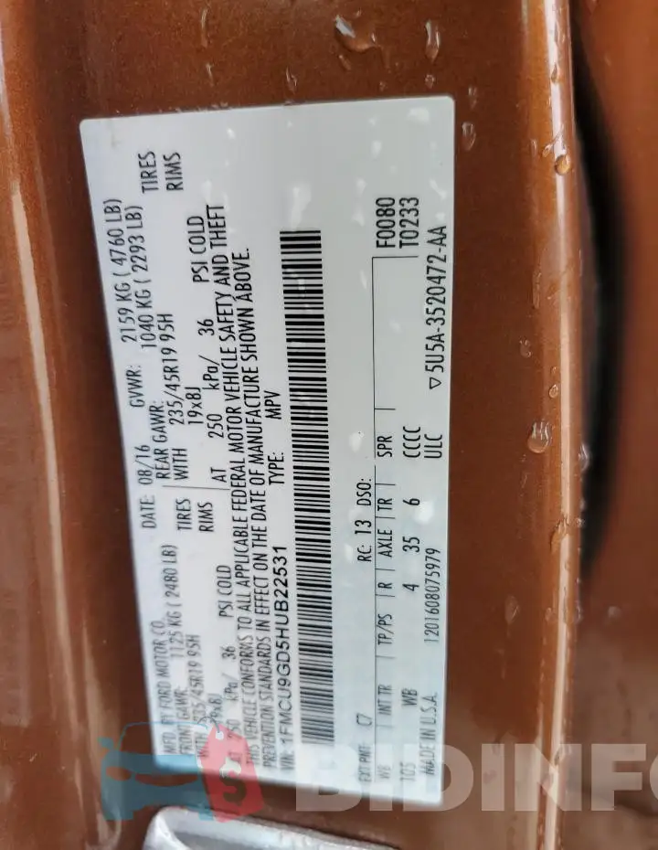 1FMCU9GD5HUB22531 Photo# 13