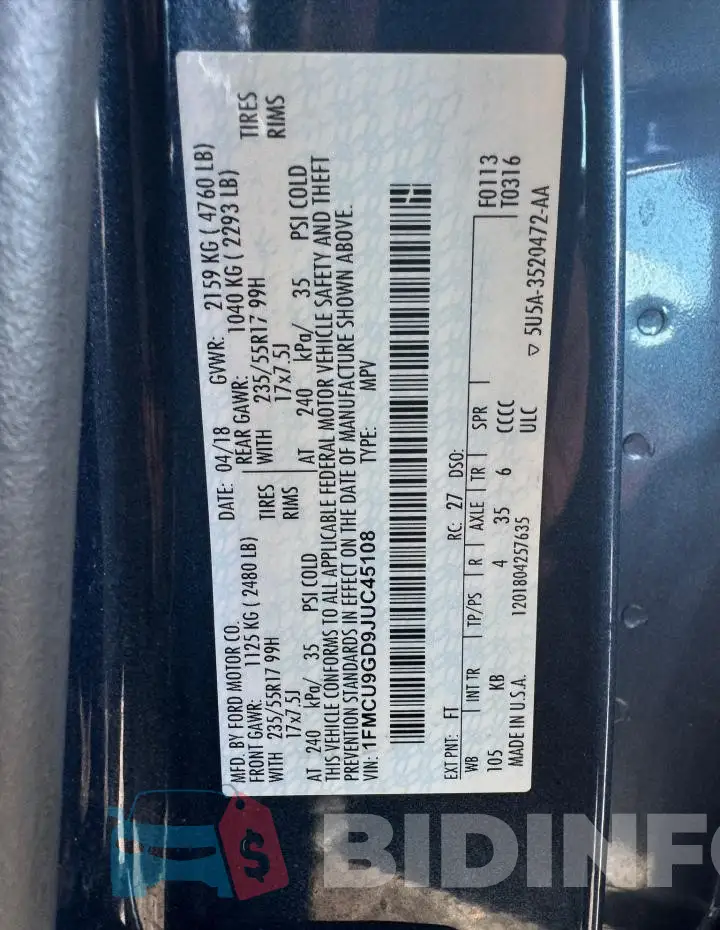 1FMCU9GD9JUC45108 Photo# 10