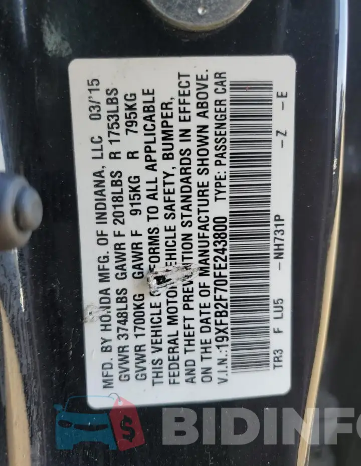 19XFB2F70FE243800 Photo# 12
