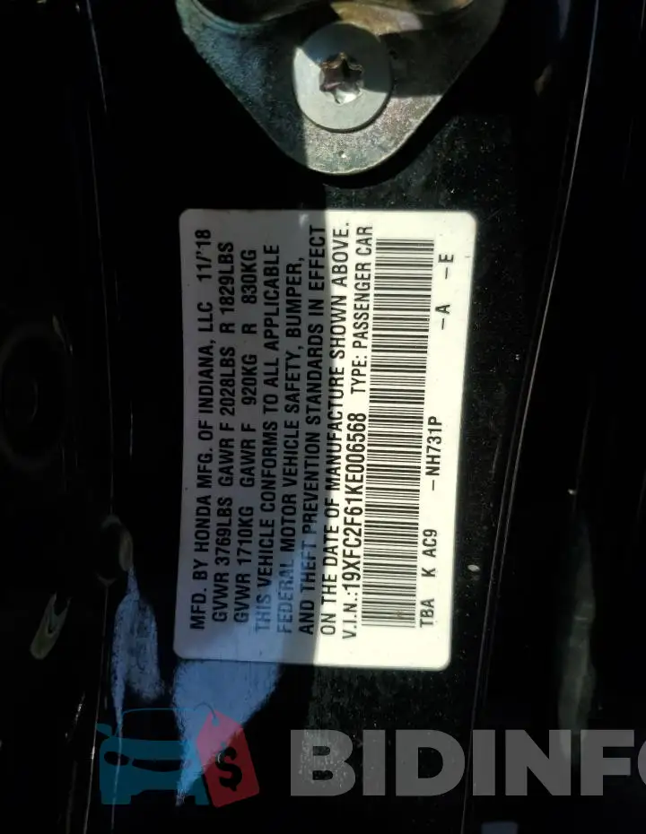 19XFC2F61KE006568 Photo# 12