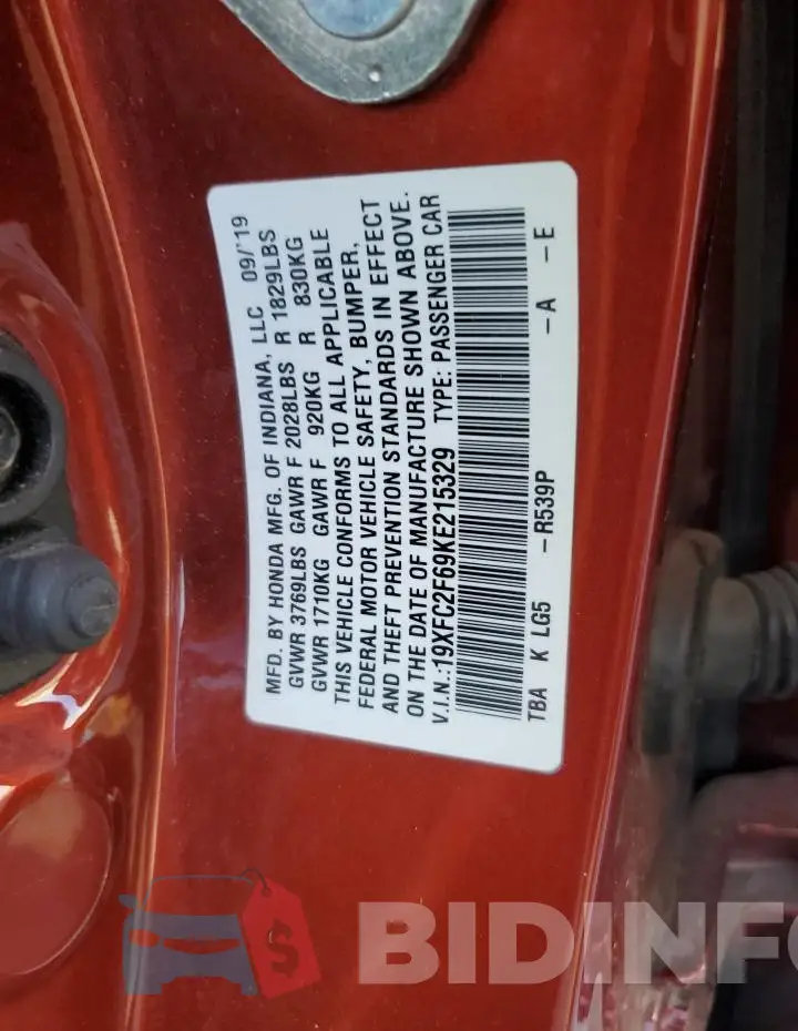 19XFC2F69KE215329 Photo# 12