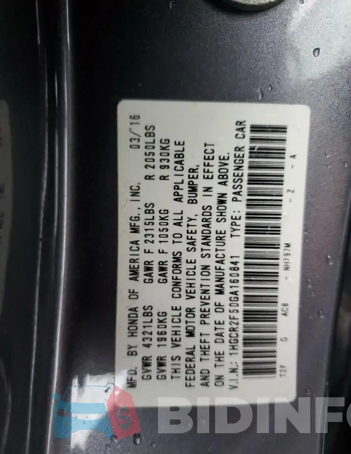 1HGCR2F50GA160841 Photo# 12
