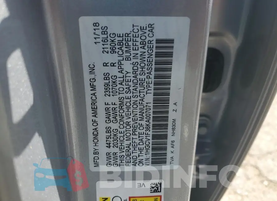 1HGCV1F36KA007071 Photo# 13