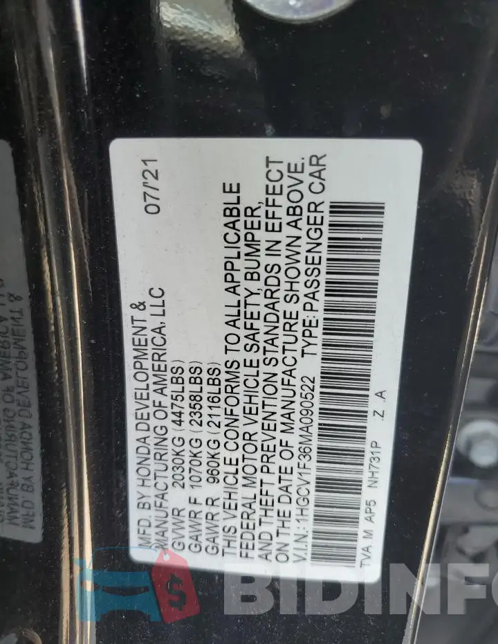 1HGCV1F36MA090522 Photo# 12