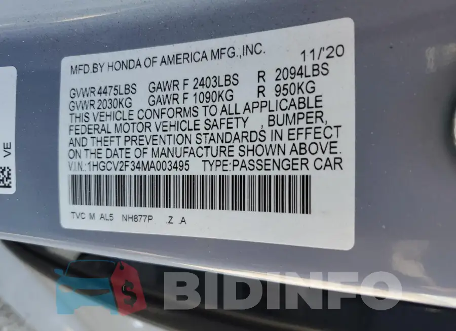 1HGCV2F34MA003495 Photo# 12