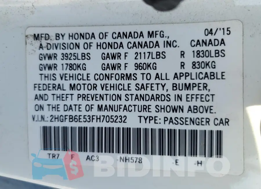 2HGFB6E53FH705232 Photo# 13