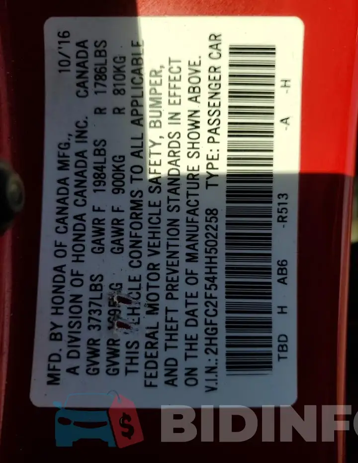2HGFC2F54HH502258 Photo# 13