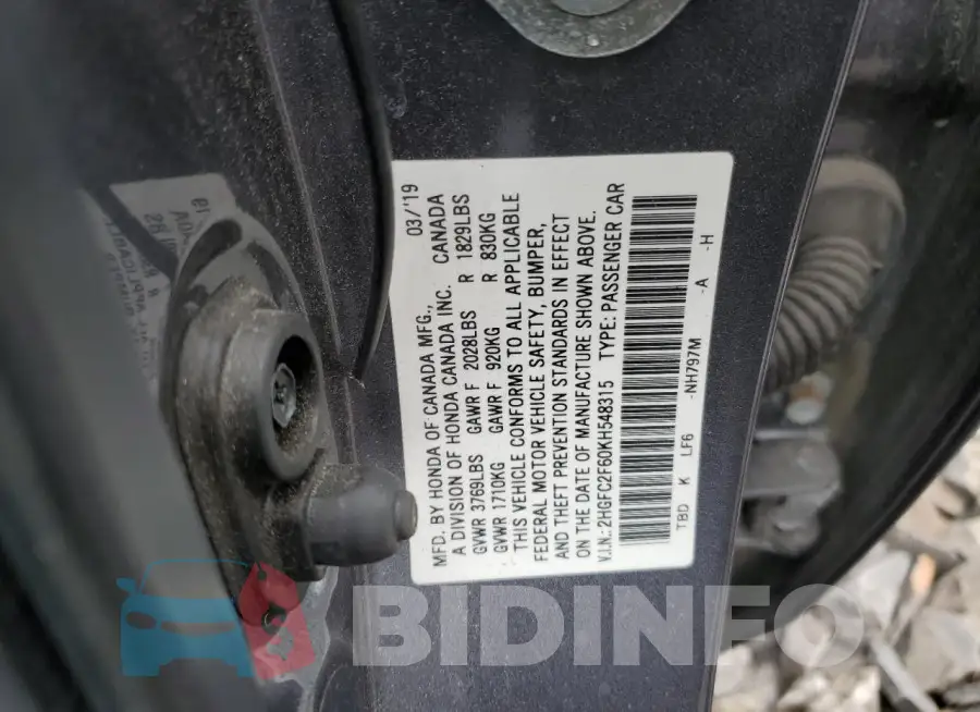 2HGFC2F60KH548315 Photo# 13