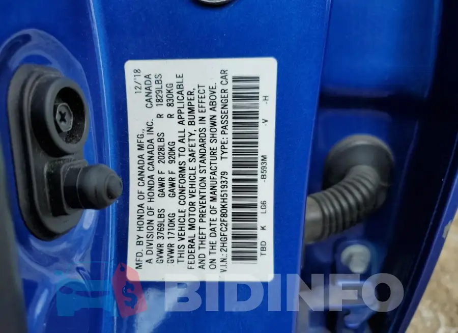 2HGFC2F80KH519379 Photo# 12
