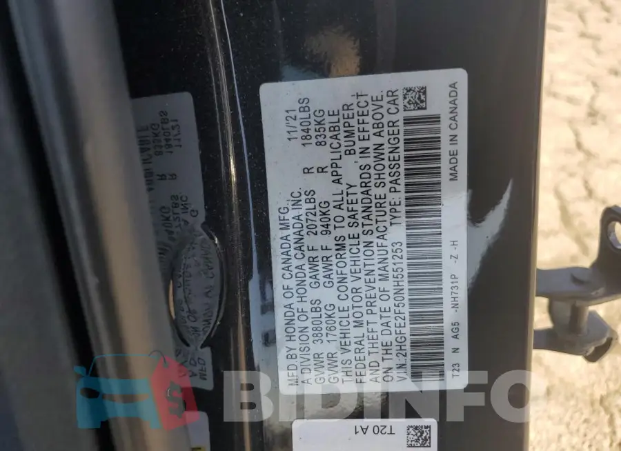 2HGFE2F50NH551253 Photo# 13