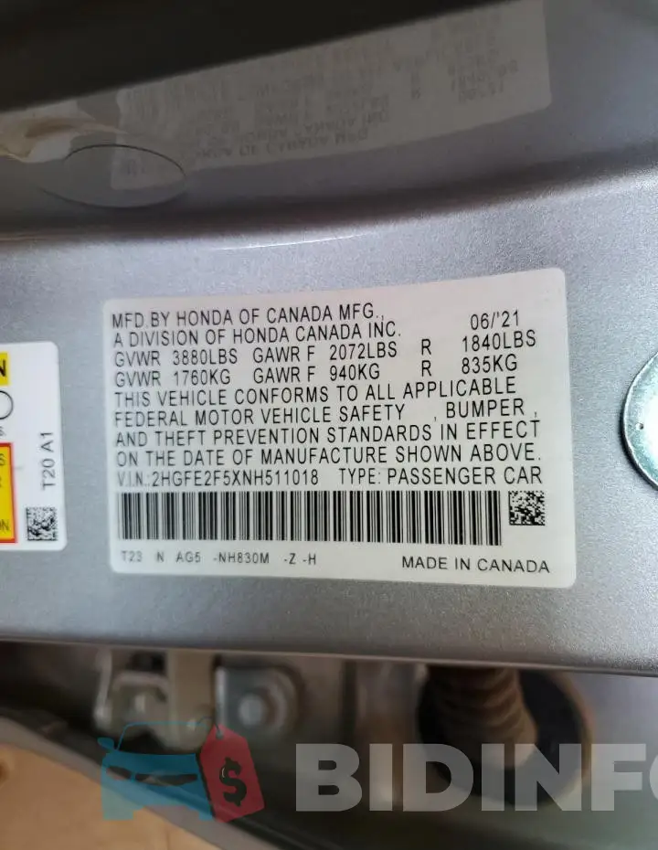 2HGFE2F5XNH511018 Photo# 12