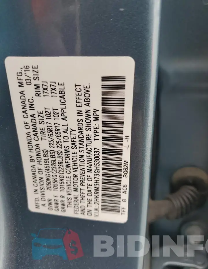 2HKRM3H73GH530037 Photo# 13