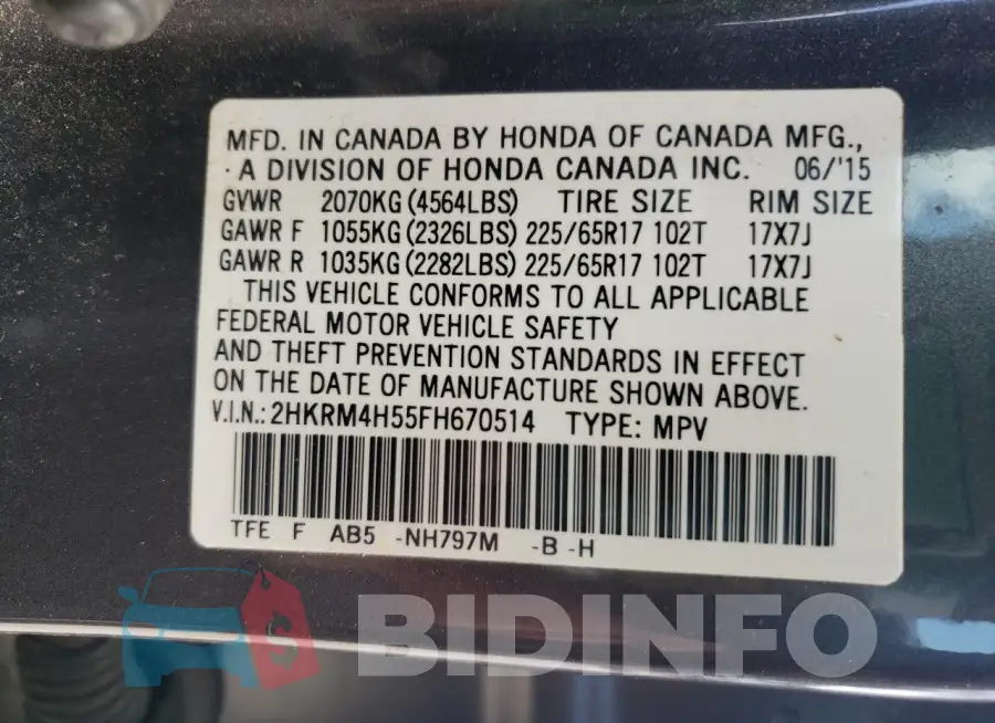 2HKRM4H55FH670514 Photo# 13