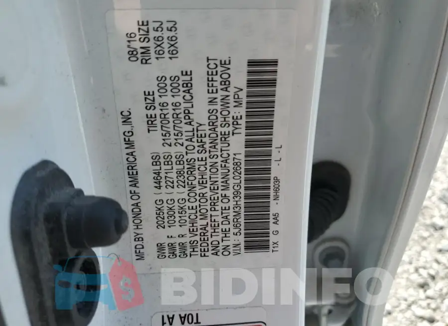 5J6RM3H39GL026871 Photo# 12