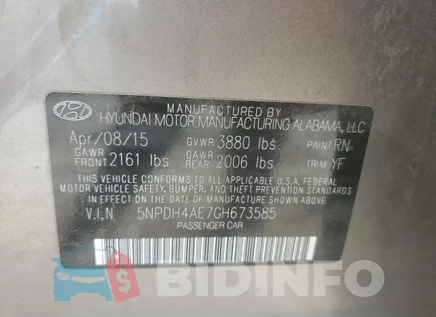 5NPDH4AE7GH673585 Photo# 12