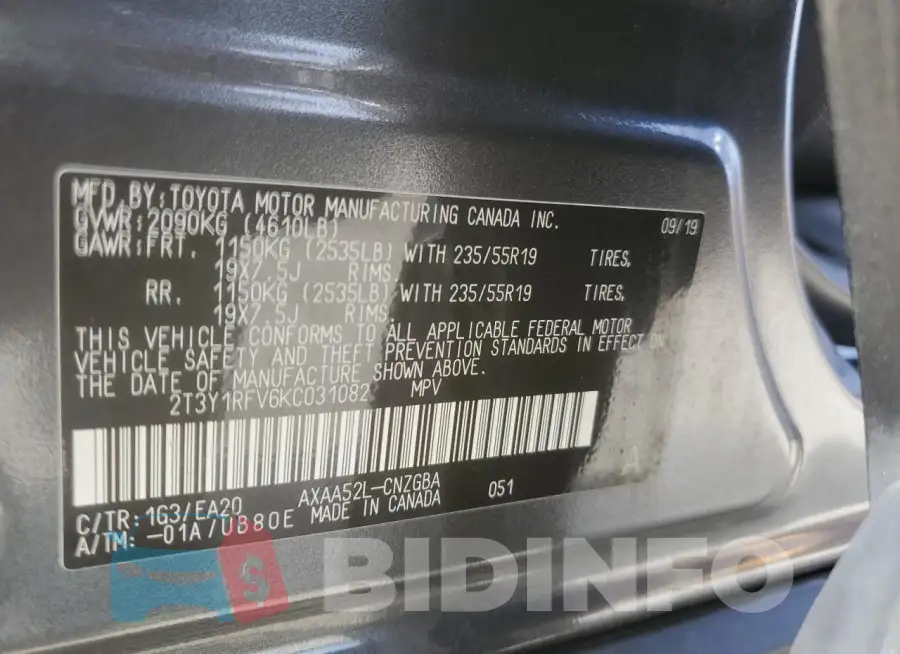 2T3Y1RFV6KC031082 Photo# 12