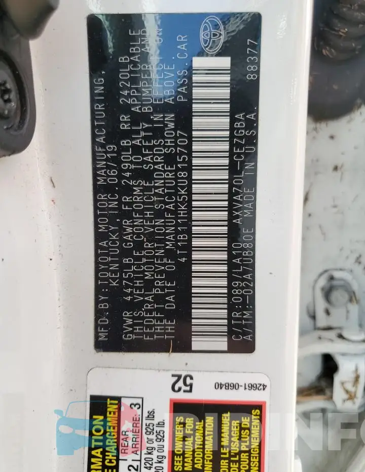 4T1B11HK5KU815707 Photo# 13