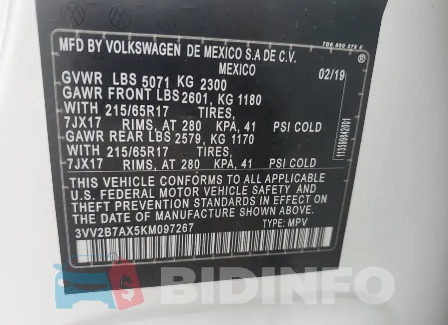 3VV2B7AX5KM097267 Photo# 13