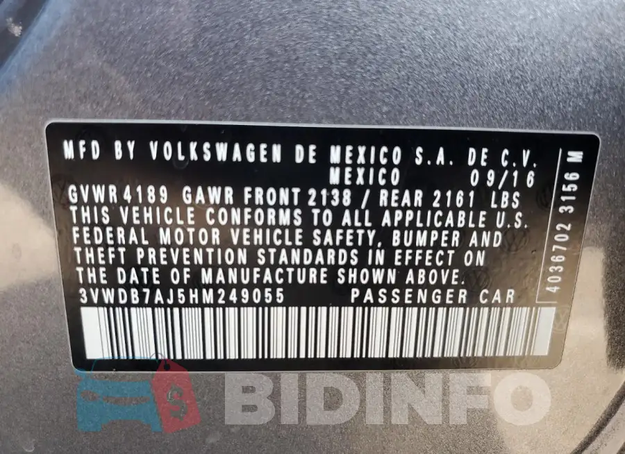 3VWDB7AJ5HM249055 Photo# 12