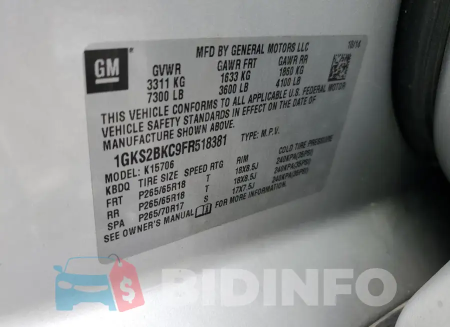 1GKS2BKC9FR518381 Photo# 13