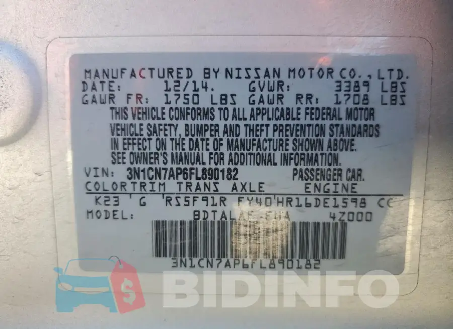3N1CN7AP6FL890182 Photo# 12