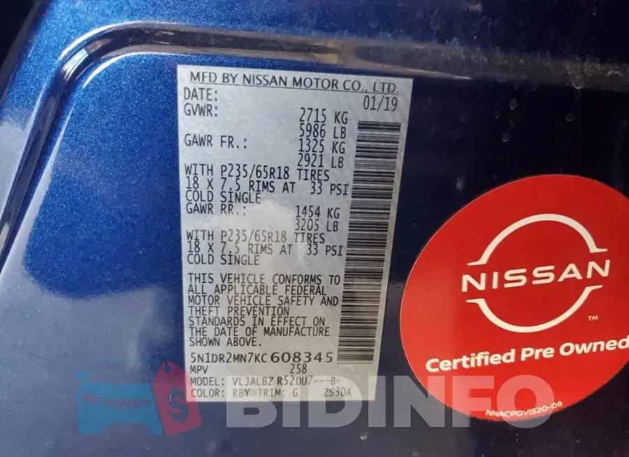 5N1DR2MN7KC608345 Photo# 13