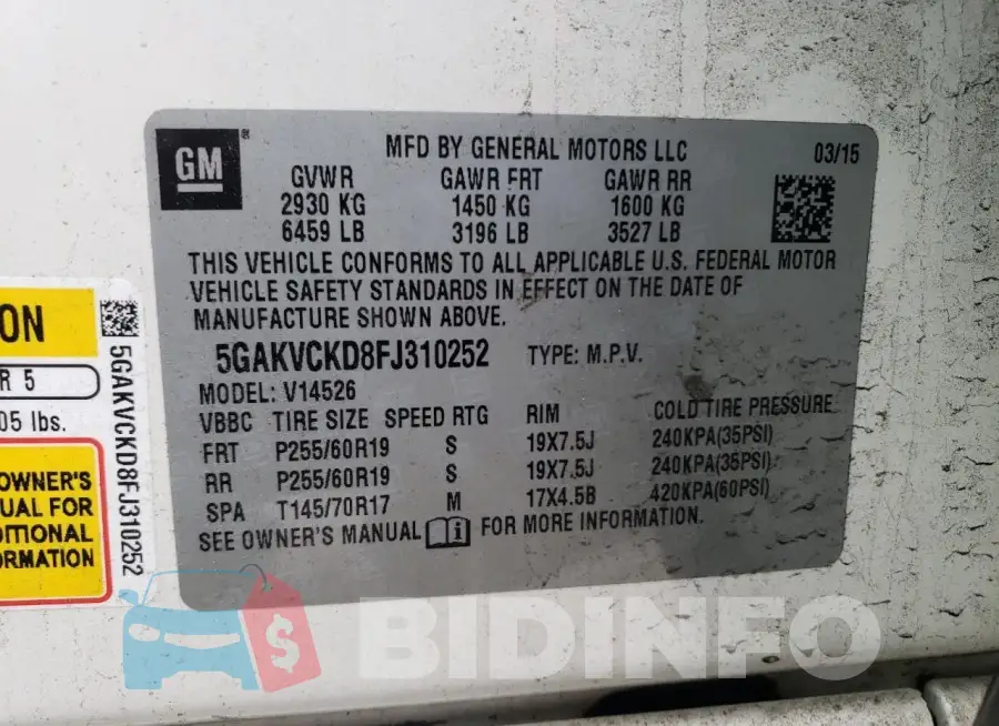 5GAKVCKD8FJ310252 Photo# 13