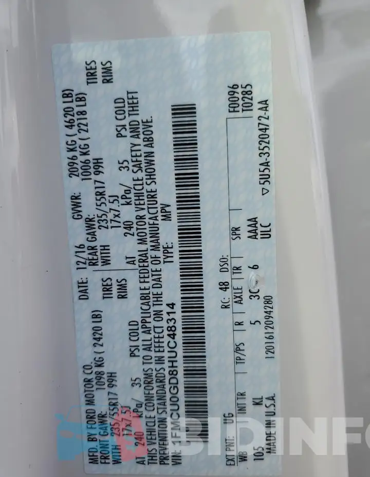 1FMCU0GD8HUC48314 Photo# 13