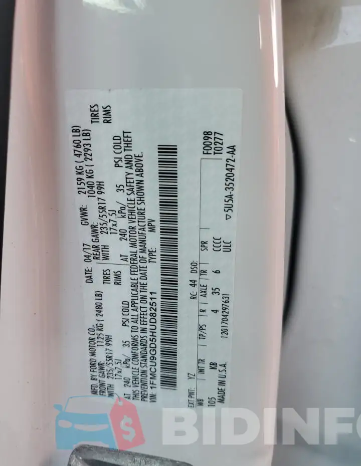 1FMCU9GD5HUD82511 Photo# 13