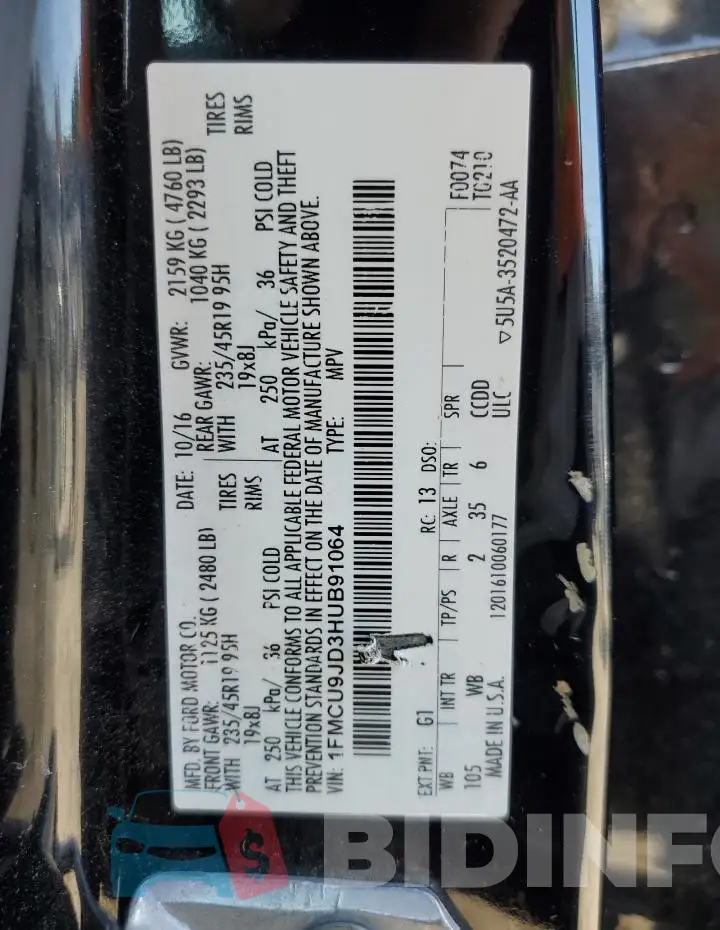 1FMCU9JD3HUB91064 Photo# 14