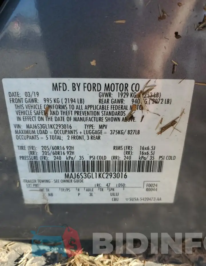 MAJ6S3GL1KC293016 Photo# 13