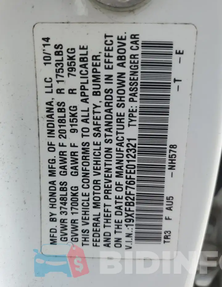 19XFB2F76FE012321 Photo# 12
