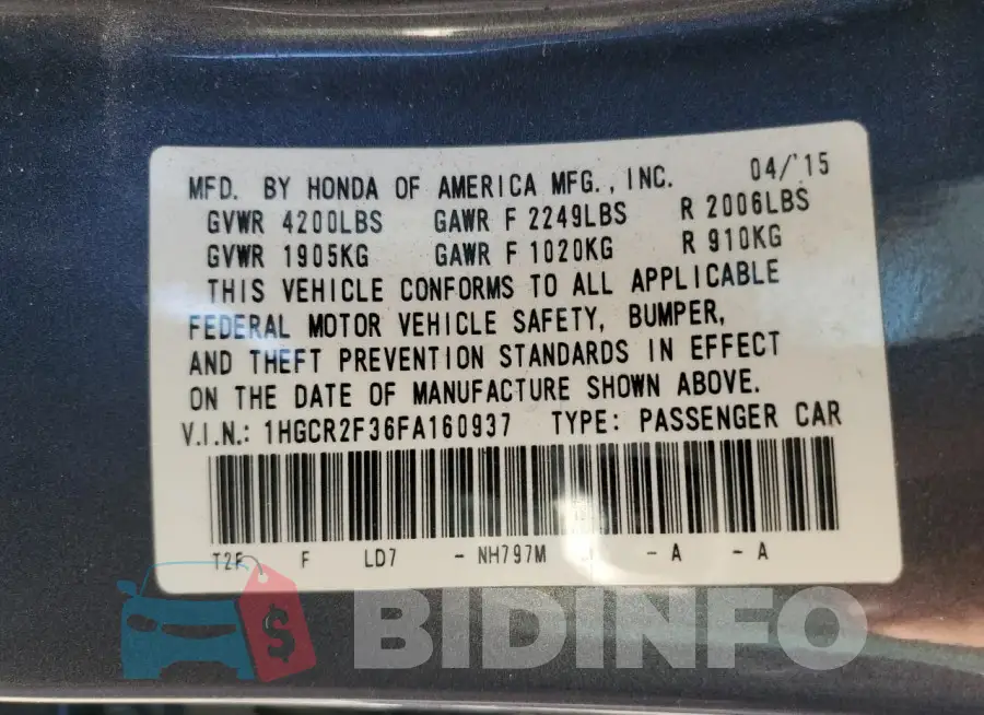 1HGCR2F36FA160937 Photo# 12