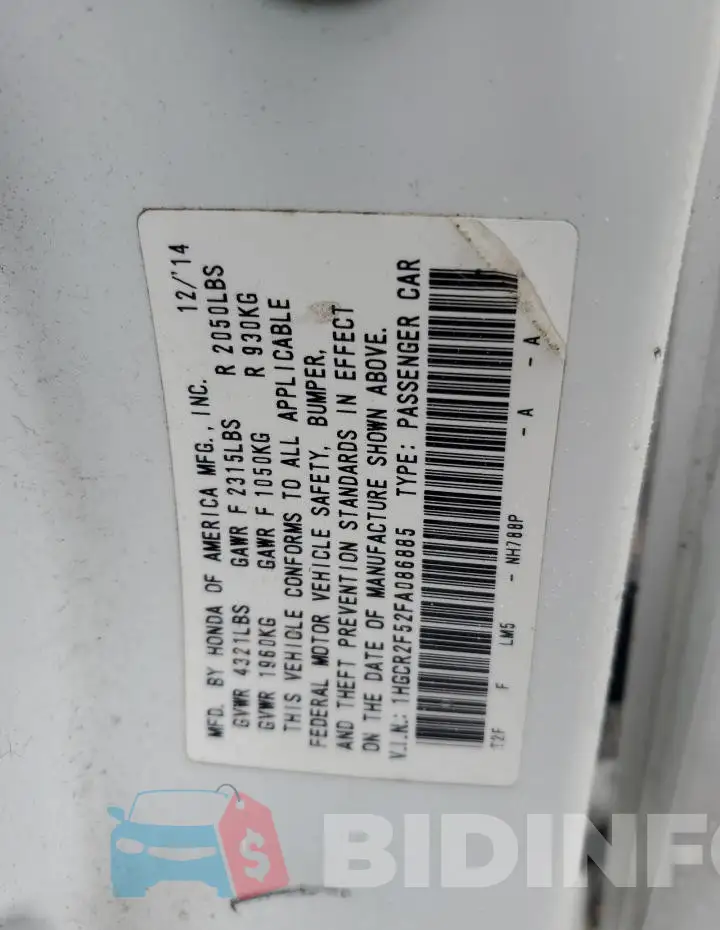 1HGCR2F52FA086885 Photo# 12