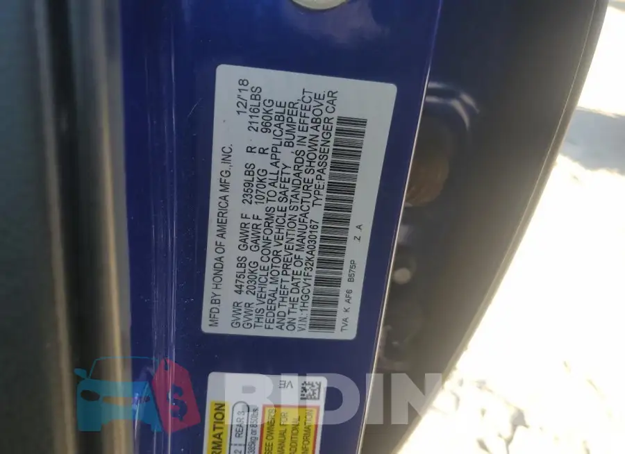 1HGCV1F32KA030167 Photo# 12