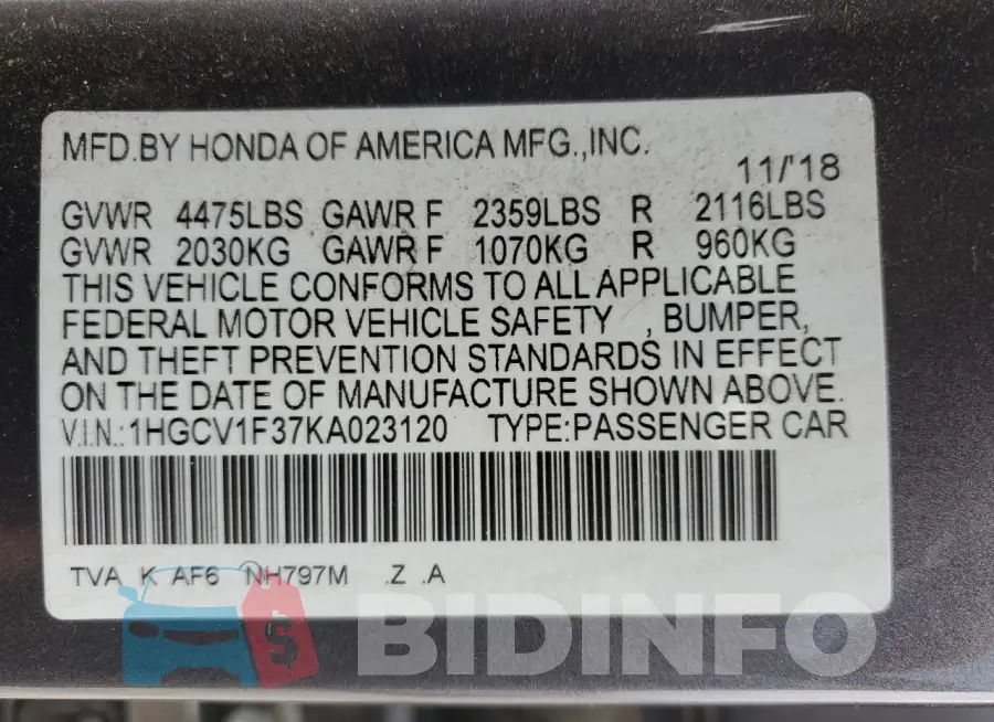 1HGCV1F37KA023120 Photo# 12