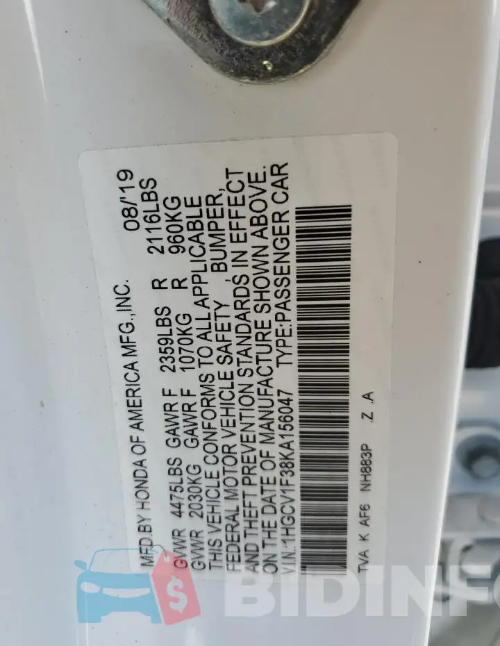 1HGCV1F38KA156047 Photo# 12