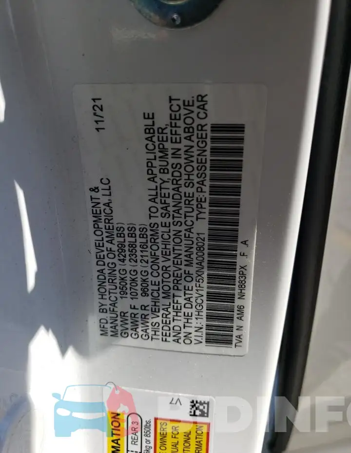 1HGCV1F5XNA008021 Photo# 13