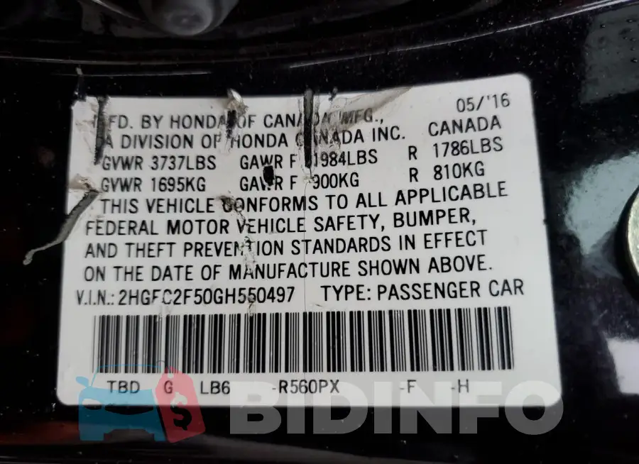 2HGFC2F50GH550497 Photo# 12