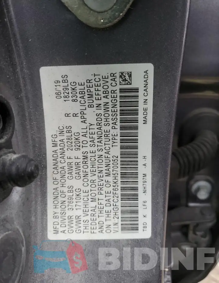 2HGFC2F65KH570052 Photo# 12