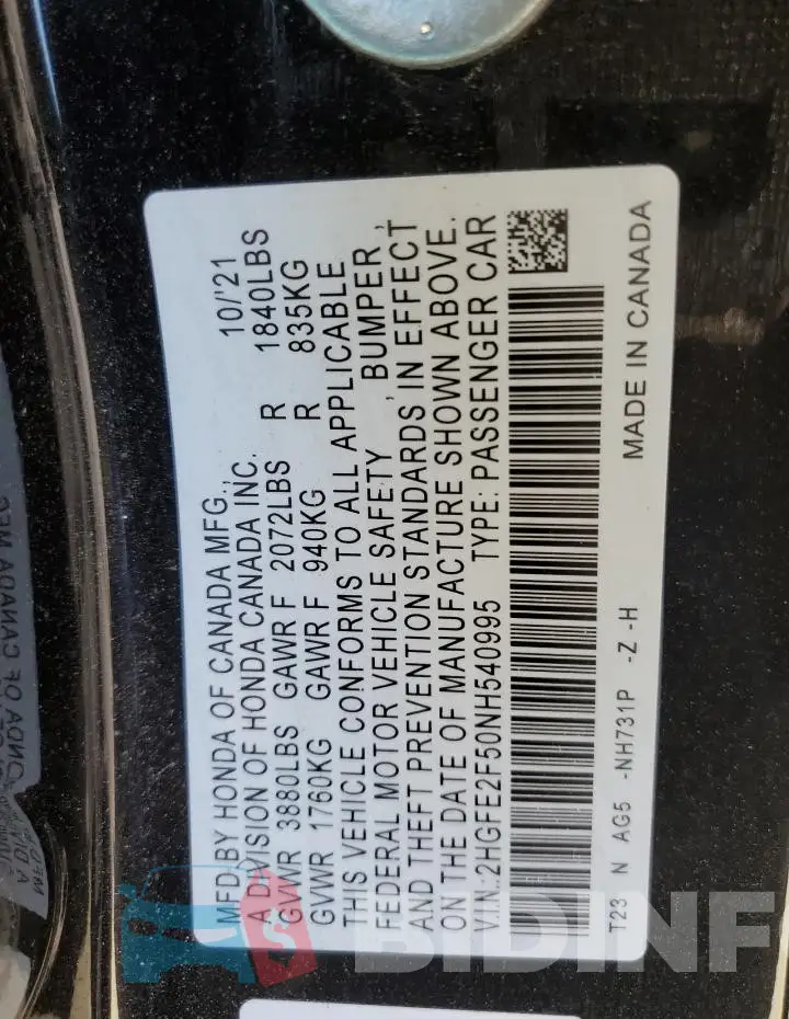 2HGFE2F50NH540995 Photo# 12