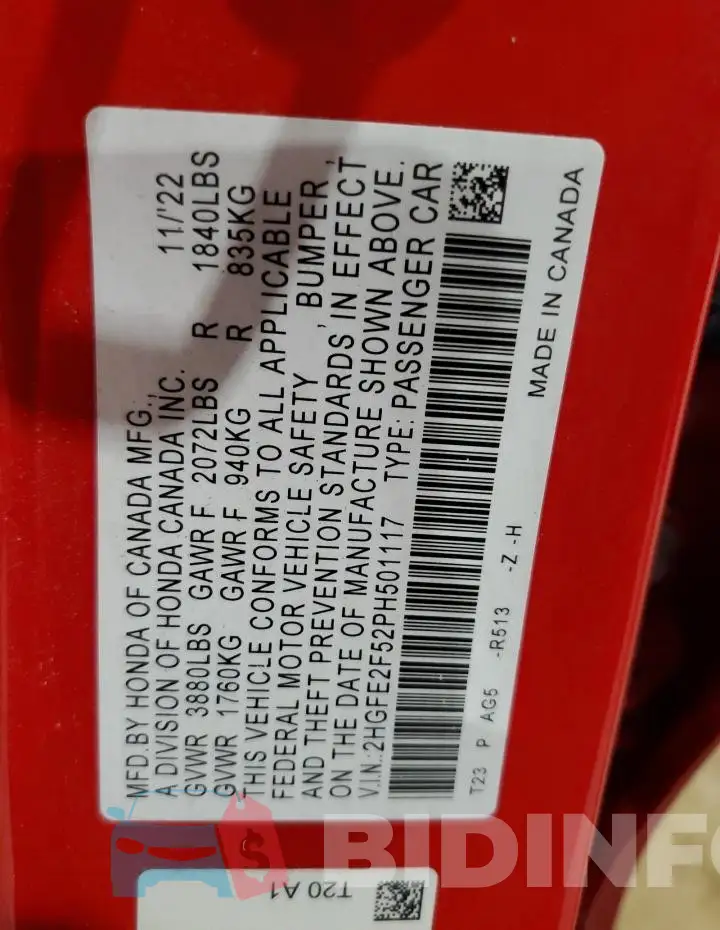 2HGFE2F52PH501117 Photo# 13