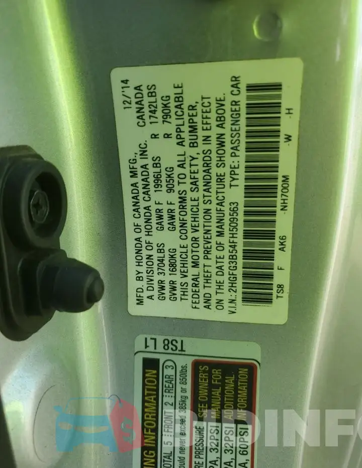 2HGFG3B54FH509563 Photo# 12
