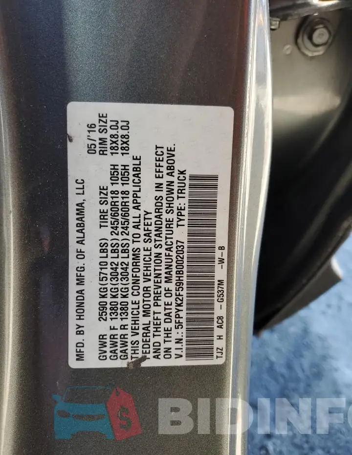 5FPYK2F59HB002037 Photo# 13