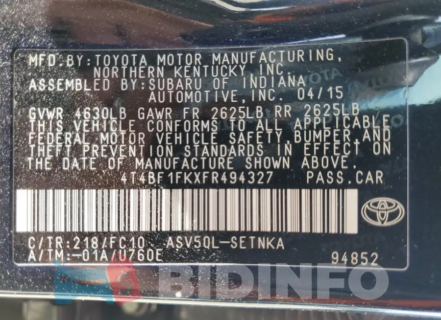 4T4BF1FKXFR494327 Photo# 12